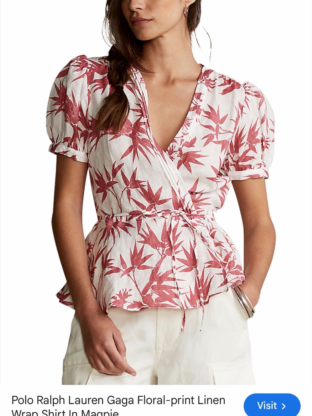 Ralph Lauren Maggie Floral-Print Linen Wrap Top in Magenta and White